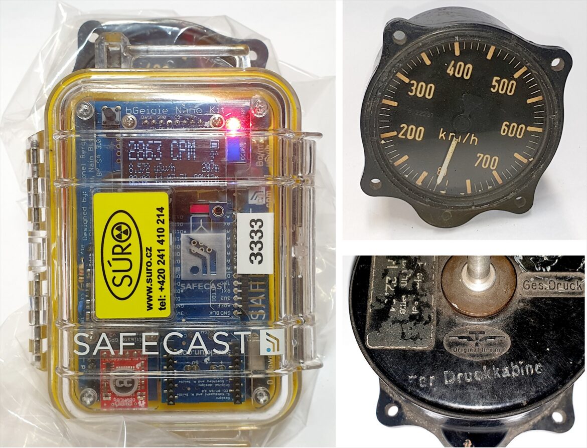 Detektor Safecast bGeigie Nano a dva pohledy na historický letecký rychloměr Original Bruhn.